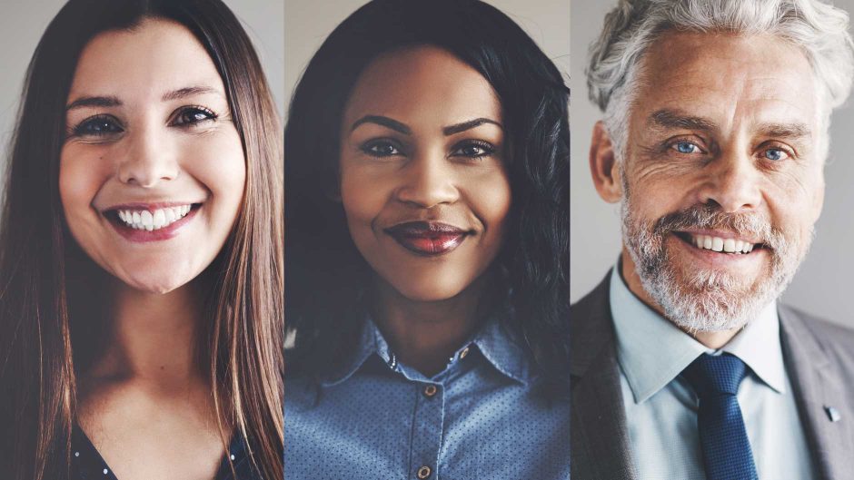 Three portraits: a young caucasian woman, a middle-aged African American woman, and an older caucasian male in a grey suit