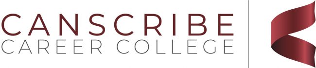 CanScribe Career College logo in red writing with red ribbon detail