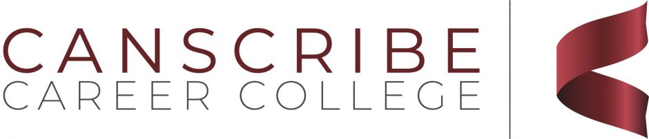 CanScribe Career College logo in red writing with red ribbon detail