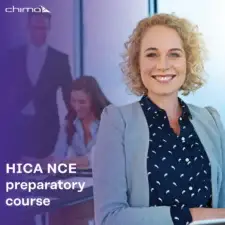 The image shows a professional woman with curly blonde hair, wearing a blazer and a patterned blouse, smiling confidently at the camera. She is positioned in the foreground, while two blurred individuals are seen collaborating in the background in a professional office setting. The text on the image reads, "HICA NCE preparatory course," and the logo in the top-left corner says "chima." The design uses a gradient overlay, creating a modern and polished look.